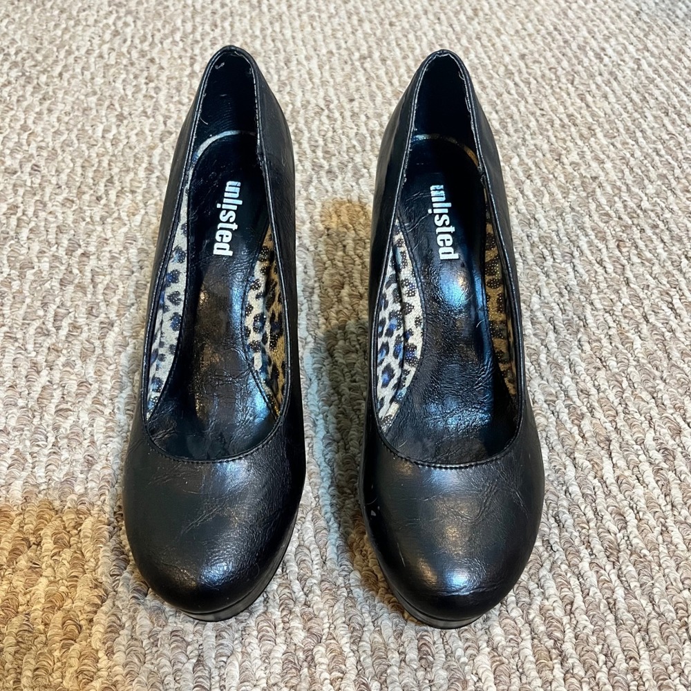 Unlisted Black Faux Leather Round‎ Toe Stiletto Heel Platform Pumps Size 8.5